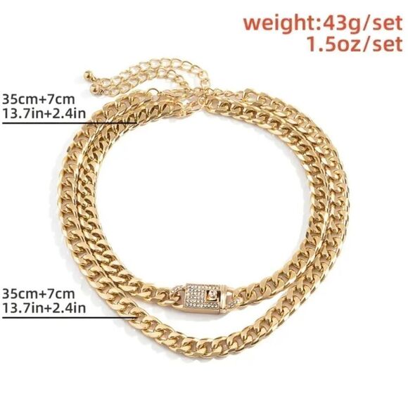 2 Pcs Chunky Chain Necklace Set Statement Chains with Shiny Rhinestones, Trendy - Picture 3 of 8